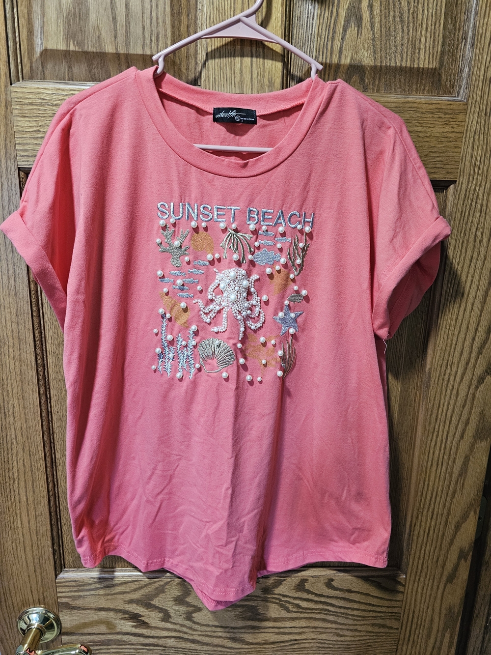 Sunset Beach Coral Embellished Tee Vintage 90's